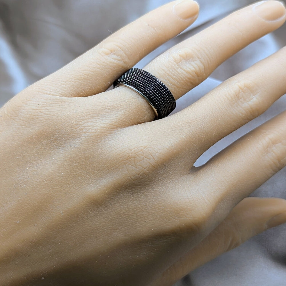 Stainless Steel Mens Ring, Double Design, Black Enamel Finish, Steel Finish