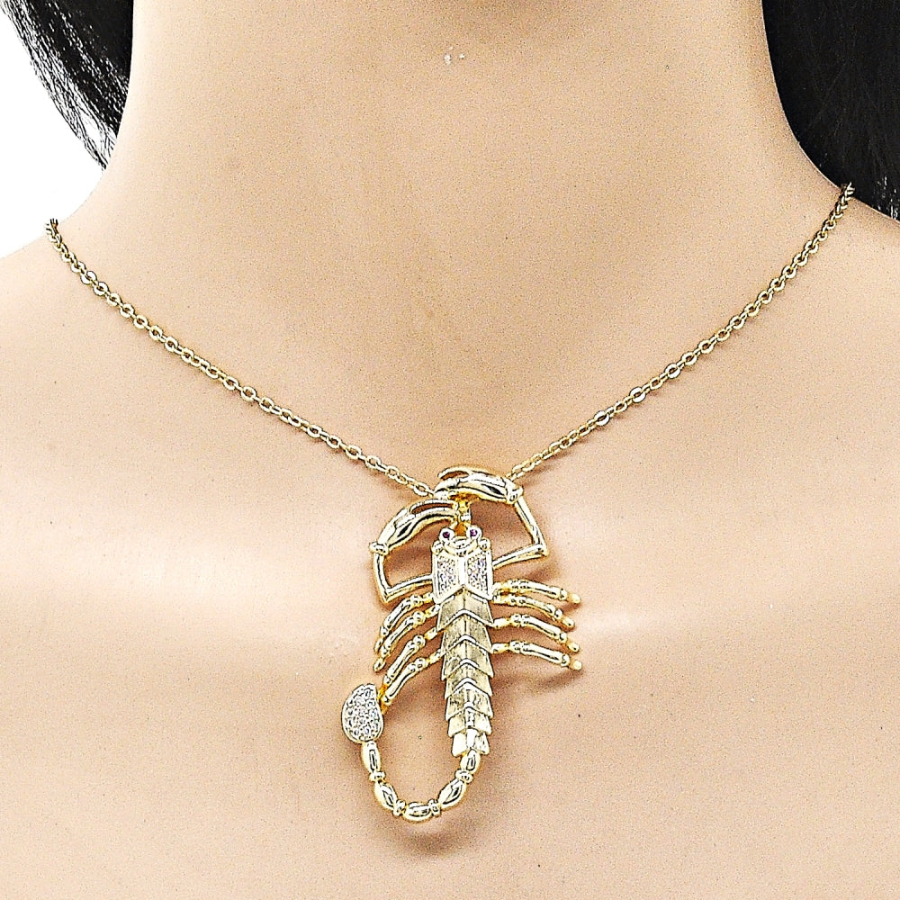 Oro Laminado Religious Pendant, Gold Filled Style Scorpion Design, with White and Ruby Cubic Zirconia, Polished, Golden Finish