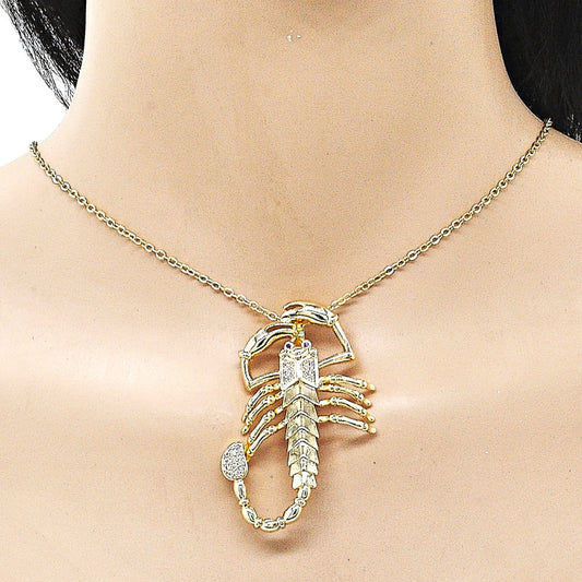 Oro Laminado Religious Pendant, Gold Filled Style Scorpion Design, with White and Ruby Cubic Zirconia, Polished, Golden Finish