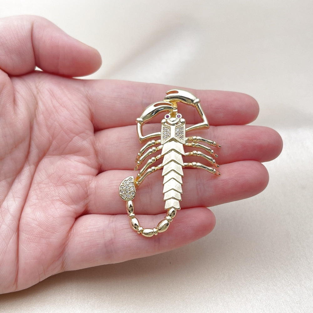 Oro Laminado Religious Pendant, Gold Filled Style Scorpion Design, with White and Ruby Cubic Zirconia, Polished, Golden Finish