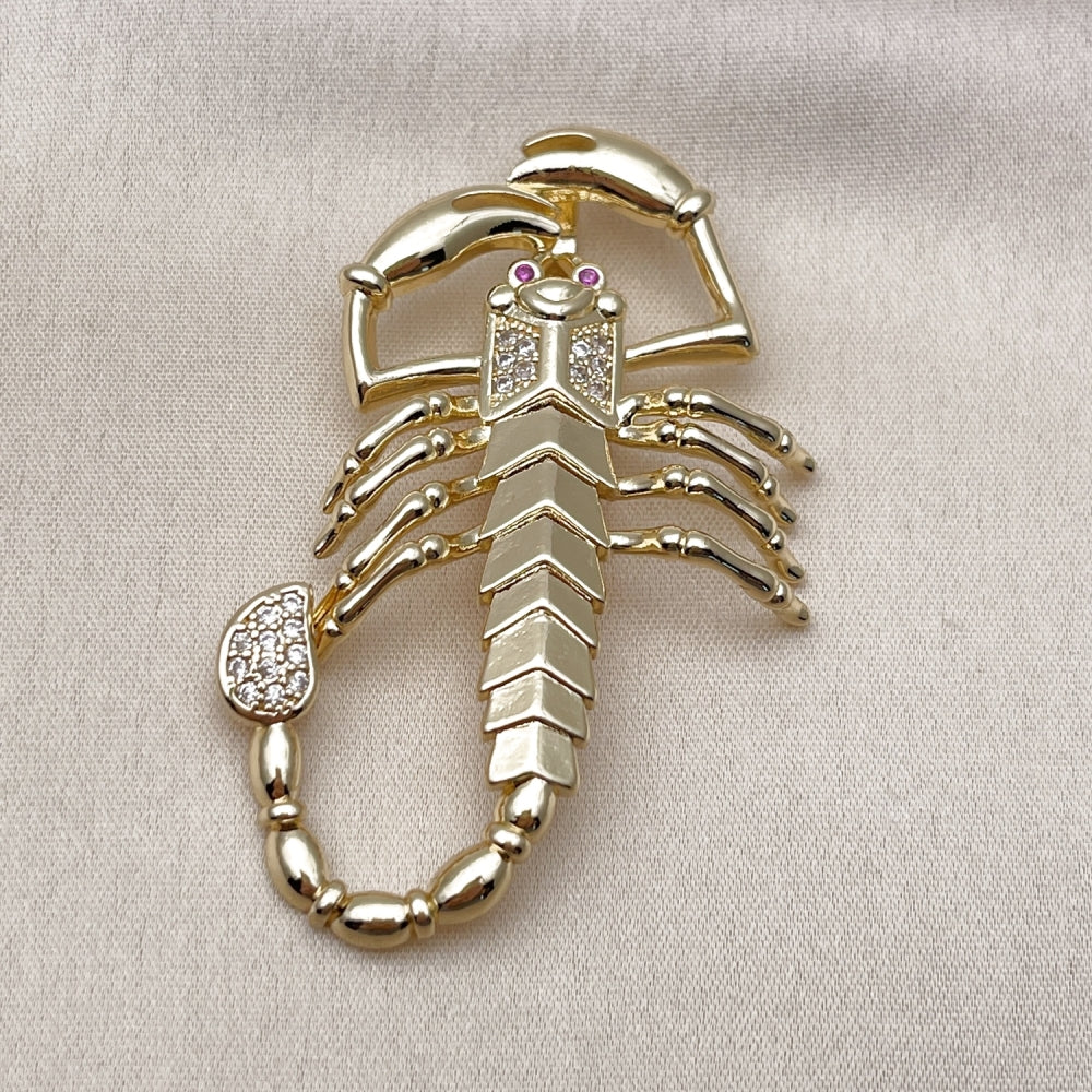 Oro Laminado Religious Pendant, Gold Filled Style Scorpion Design, with White and Ruby Cubic Zirconia, Polished, Golden Finish