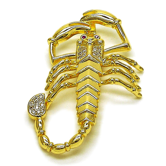 Oro Laminado Religious Pendant, Gold Filled Style Scorpion Design, with White and Ruby Cubic Zirconia, Polished, Golden Finish