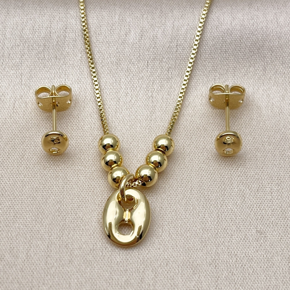 Oro Laminado Earring and Pendant Adult Set, Gold Filled Style Puff Mariner and Box Design, Polished, Golden Finish