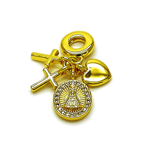 Oro Laminado Religious Pendant, Gold Filled Style Caridad del Cobre and Heart Design, with White Micro Pave, Polished, Golden Finish