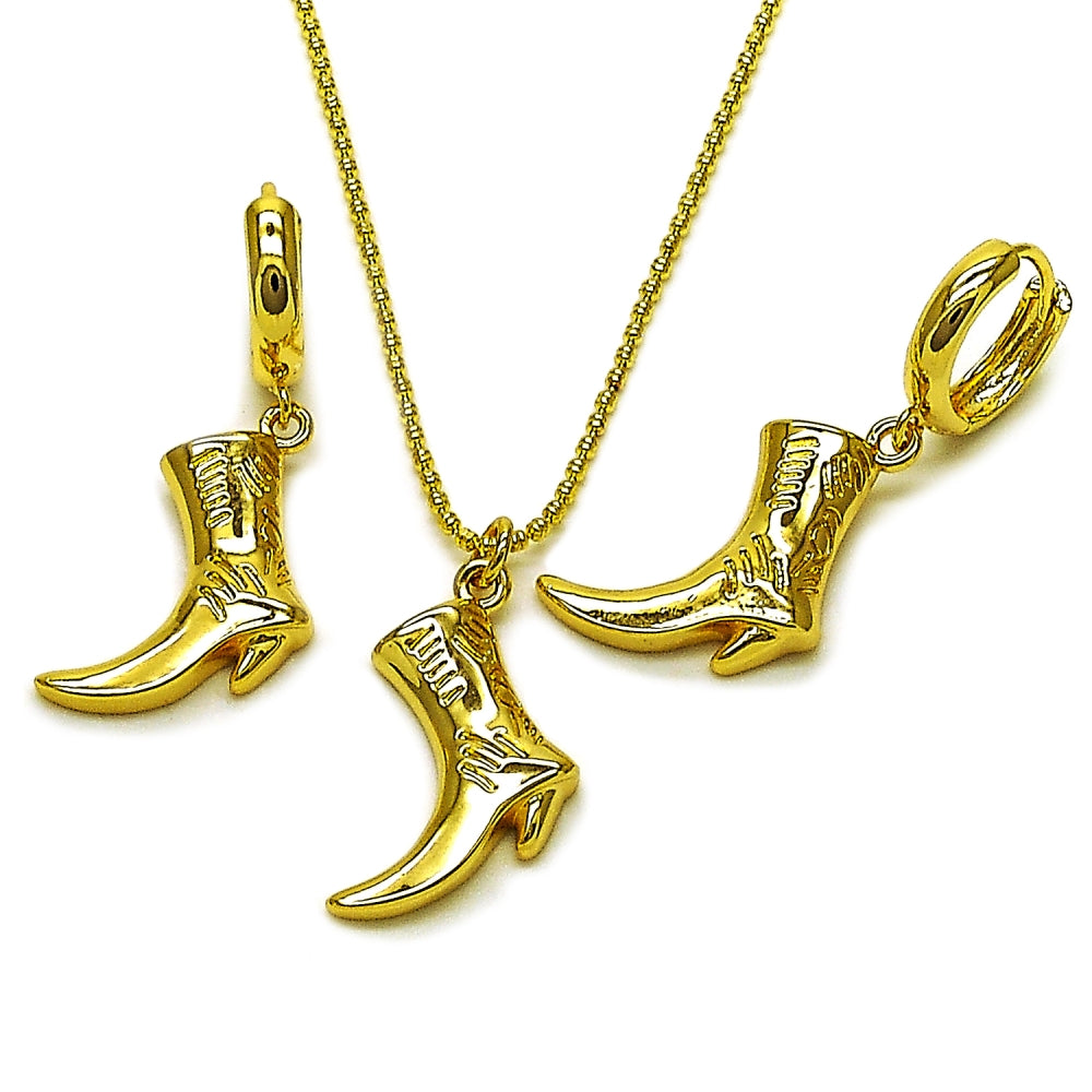 Oro Laminado Earring and Pendant Adult Set, Gold Filled Style Shoes Design, Polished, Golden Finish