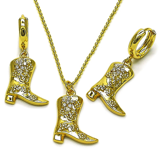 Oro Laminado Earring and Pendant Adult Set, Gold Filled Style Shoes and Flower Design, with White Cubic Zirconia, Polished, Golden Finish