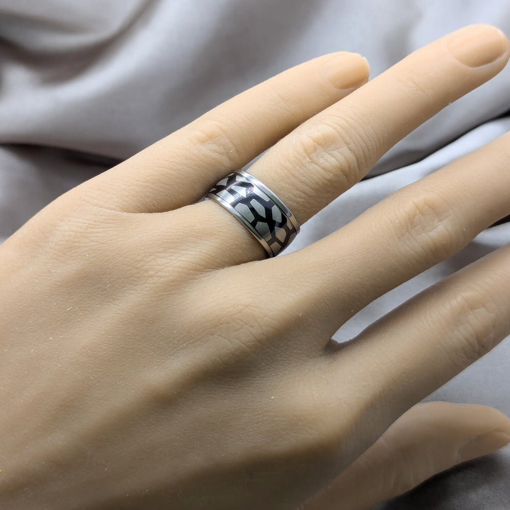 Stainless Steel Mens Ring, Double Design, Black Enamel Finish, Steel Finish