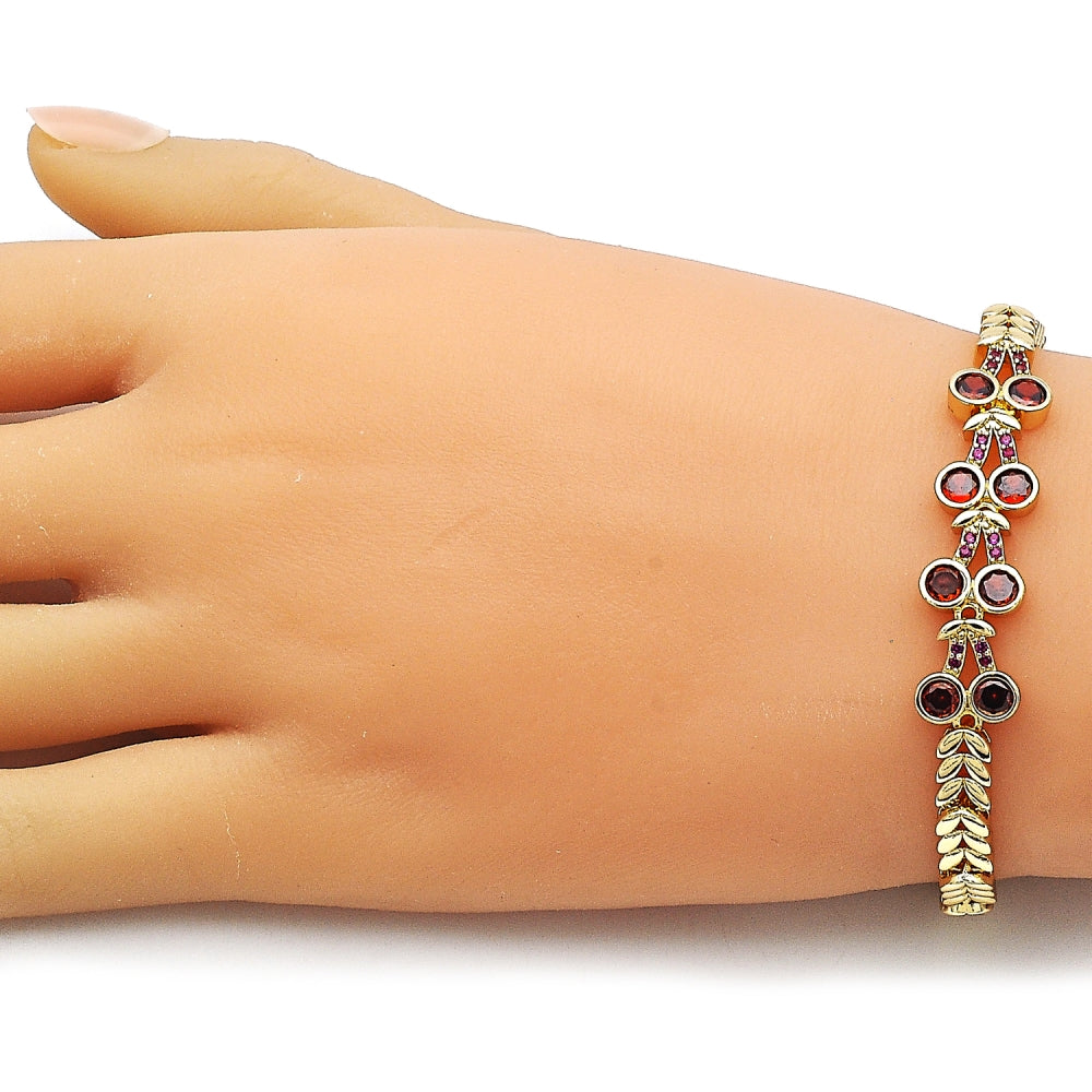 Oro Laminado Fancy Bracelet, Gold Filled Style with White Cubic Zirconia and Ruby Micro Pave, Polished, Golden Finish