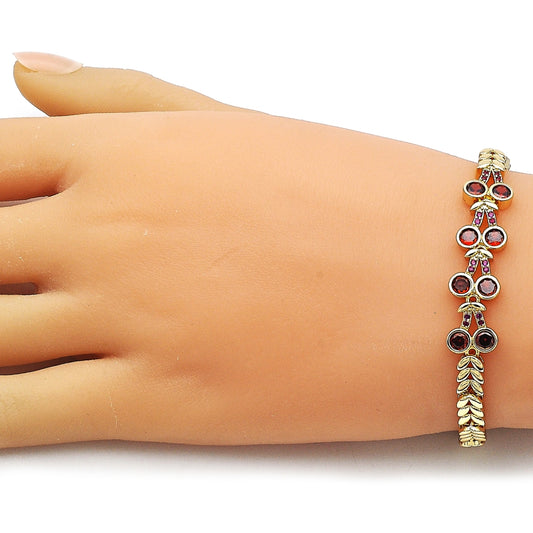 Oro Laminado Fancy Bracelet, Gold Filled Style with White Cubic Zirconia and Ruby Micro Pave, Polished, Golden Finish