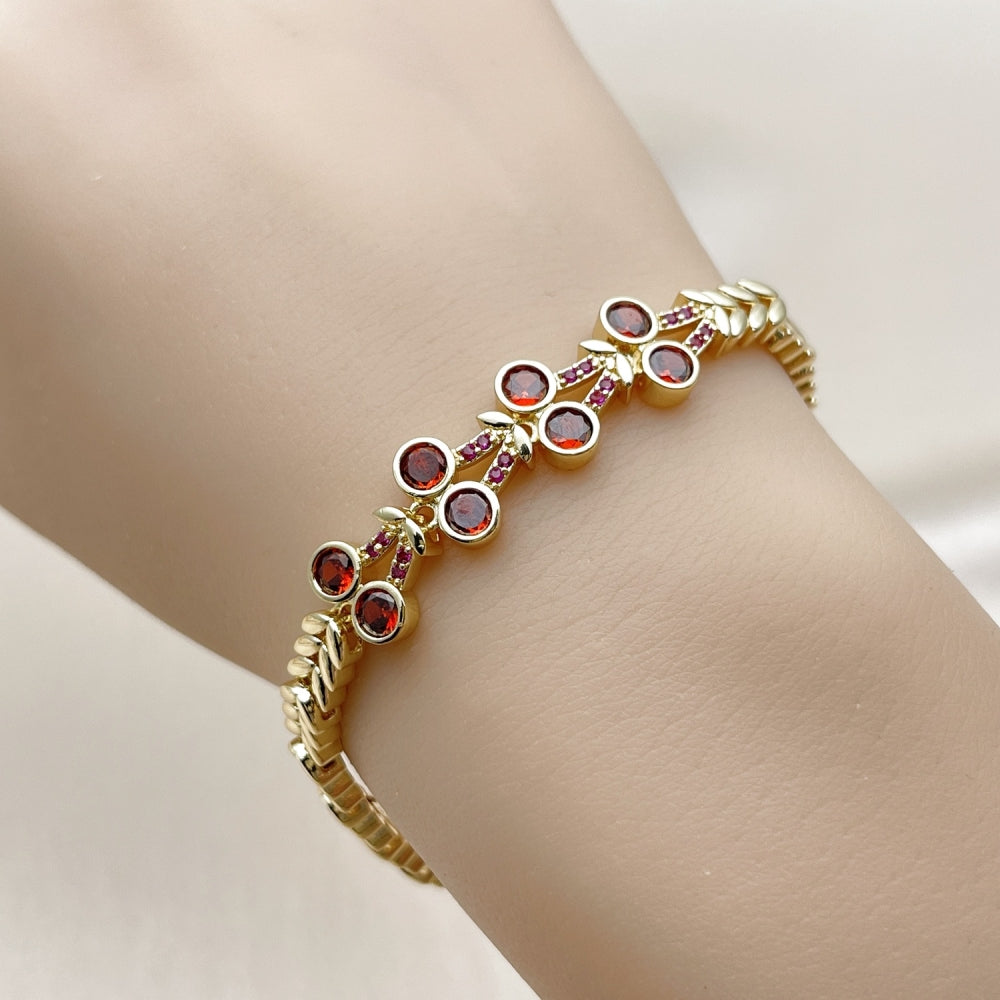 Oro Laminado Fancy Bracelet, Gold Filled Style with White Cubic Zirconia and Ruby Micro Pave, Polished, Golden Finish