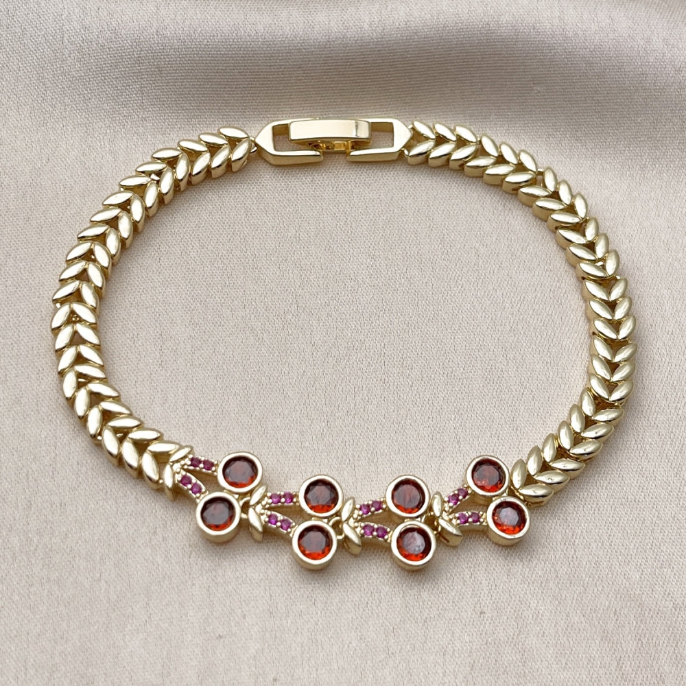Oro Laminado Fancy Bracelet, Gold Filled Style with White Cubic Zirconia and Ruby Micro Pave, Polished, Golden Finish