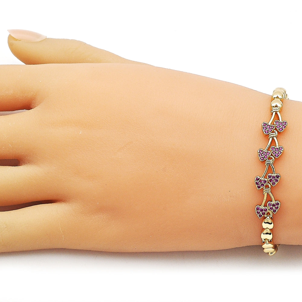 Oro Laminado Fancy Bracelet, Gold Filled Style Cherry Design, with Ruby Micro Pave, Polished, Golden Finish