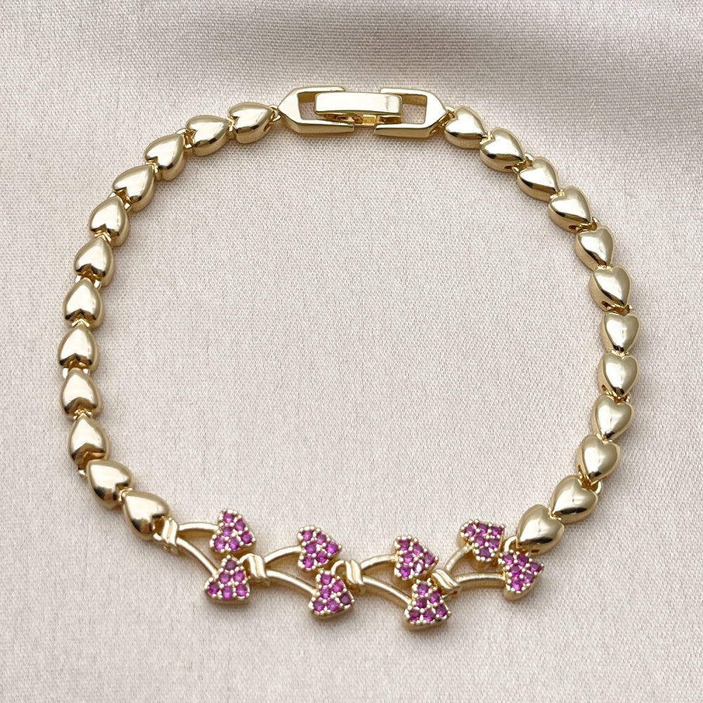 Oro Laminado Fancy Bracelet, Gold Filled Style Cherry Design, with Ruby Micro Pave, Polished, Golden Finish
