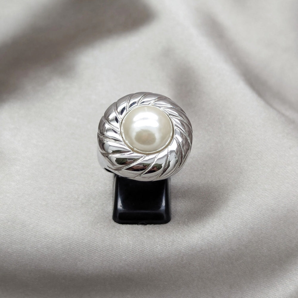 Stainless Steel Elegant Ring, with White Pearl, Polished, Steel Finish
