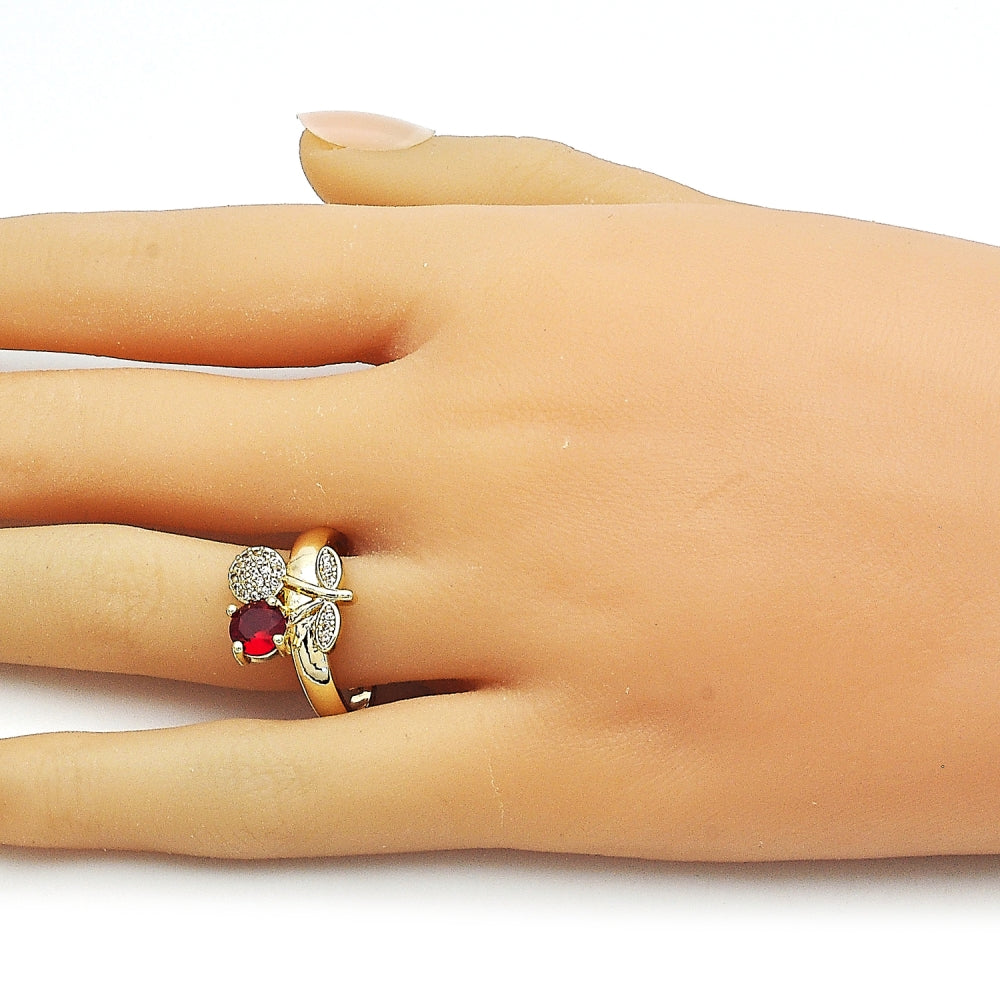 Oro Laminado Multi Stone Ring, Gold Filled Style Cherry Design, with Garnet Cubic Zirconia and White Micro Pave, Polished, Golden Finish