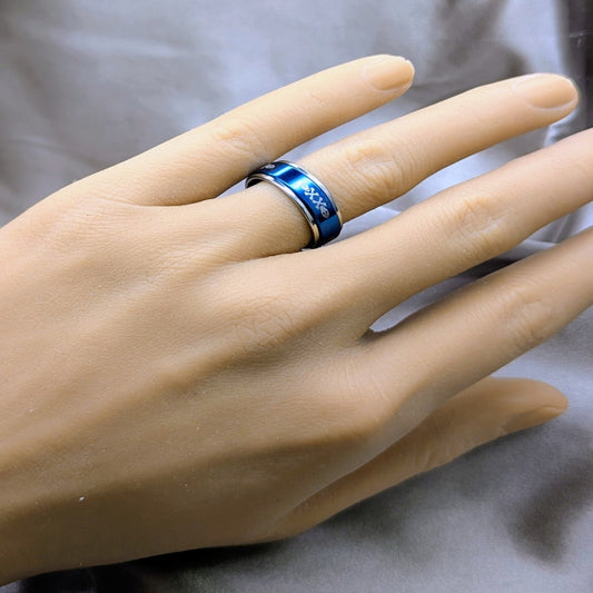 Stainless Steel Mens Ring, Scorpion and Fish Design, Blue Enamel Finish, Steel Finish