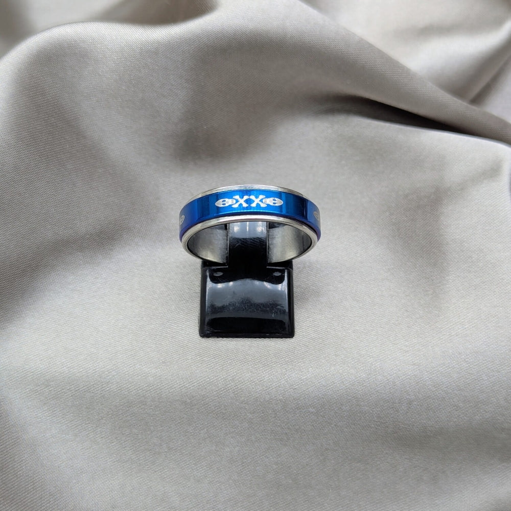 Stainless Steel Mens Ring, Scorpion and Fish Design, Blue Enamel Finish, Steel Finish