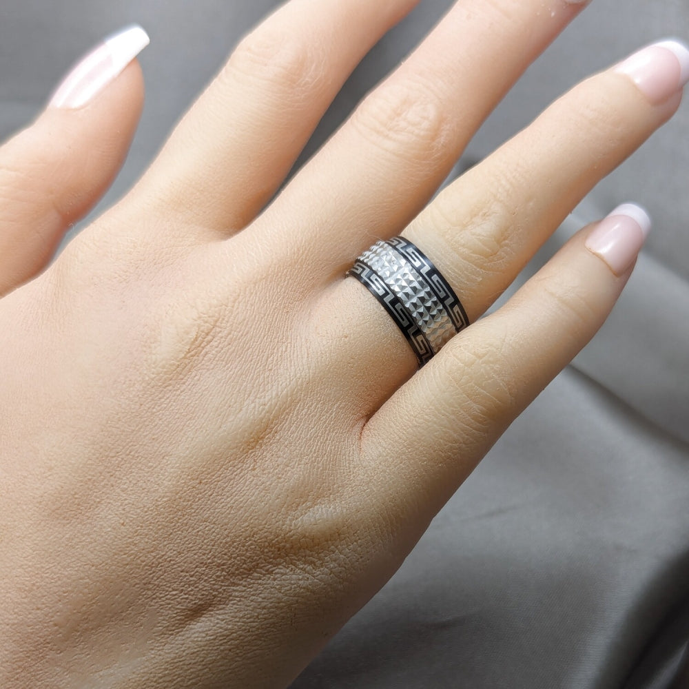 Stainless Steel Mens Ring, Double Design, Polished, Black Rhodium Finish