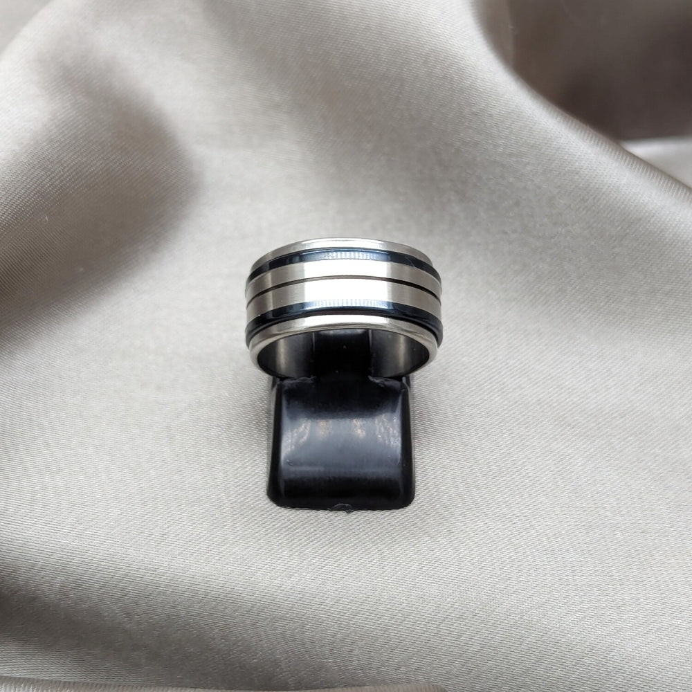 Stainless Steel Mens Ring, Double Design, Black Enamel Finish, Steel Finish