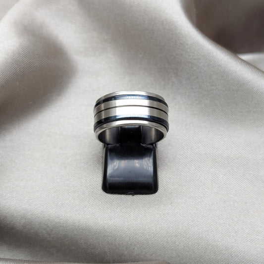 Stainless Steel Mens Ring, Double Design, Black Enamel Finish, Steel Finish