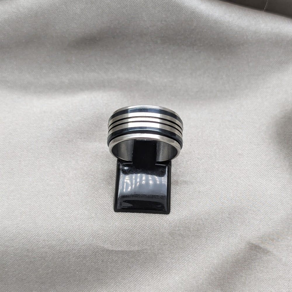 Stainless Steel Mens Ring, Black Enamel Finish, Two Tone