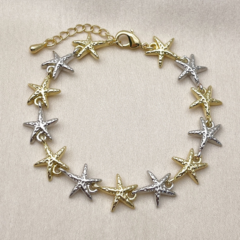 Oro Laminado Tennis Bracelet, Gold Filled Style Star Design, Diamond Cutting Finish, Two Tone