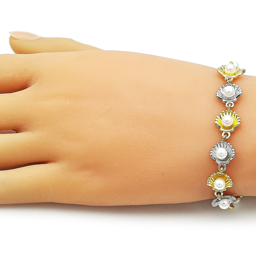 Oro Laminado Tennis Bracelet, Gold Filled Style Shell and Ball Design, with Ivory Pearl, Polished, Two Tone
