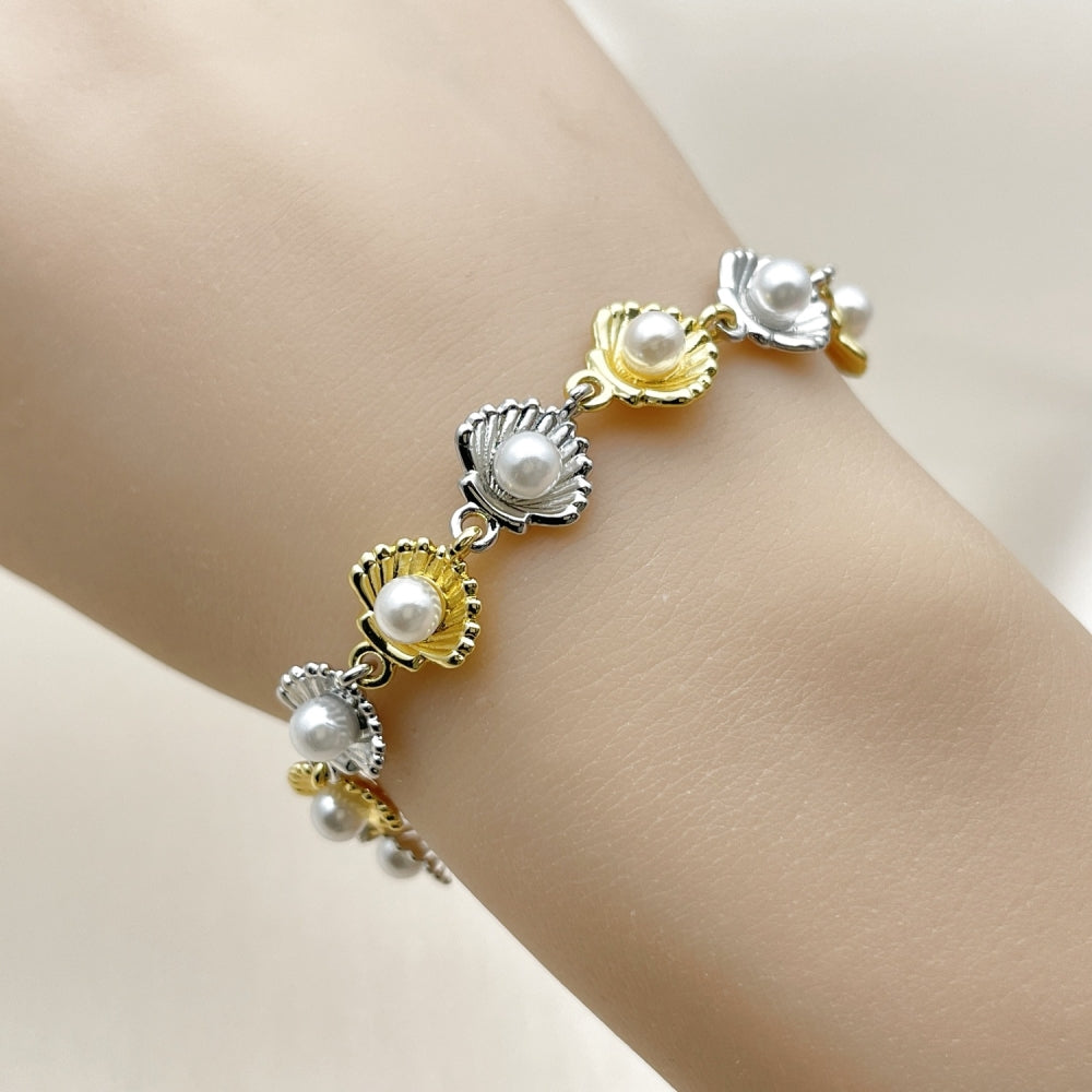 Oro Laminado Tennis Bracelet, Gold Filled Style Shell and Ball Design, with Ivory Pearl, Polished, Two Tone