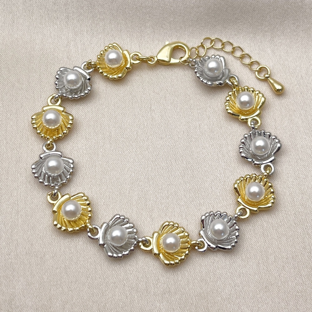 Oro Laminado Tennis Bracelet, Gold Filled Style Shell and Ball Design, with Ivory Pearl, Polished, Two Tone