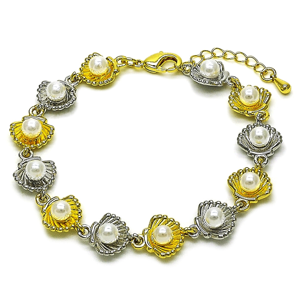 Oro Laminado Tennis Bracelet, Gold Filled Style Shell and Ball Design, with Ivory Pearl, Polished, Two Tone