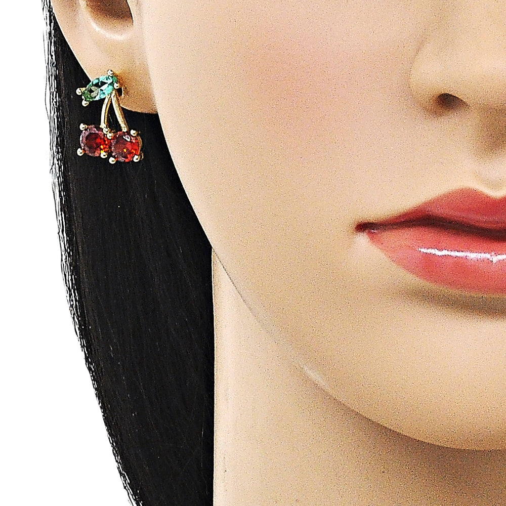 Oro Laminado Stud Earring, Gold Filled Style Cherry Design, with Garnet and Light Turquoise Cubic Zirconia, Polished, Golden Finish