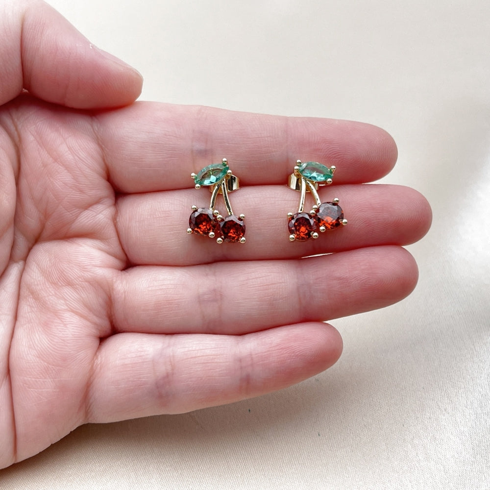 Oro Laminado Stud Earring, Gold Filled Style Cherry Design, with Garnet and Light Turquoise Cubic Zirconia, Polished, Golden Finish