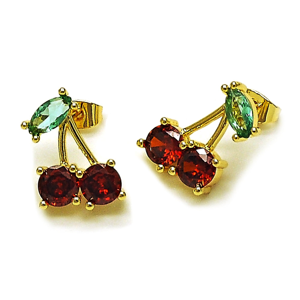 Oro Laminado Stud Earring, Gold Filled Style Cherry Design, with Garnet and Light Turquoise Cubic Zirconia, Polished, Golden Finish