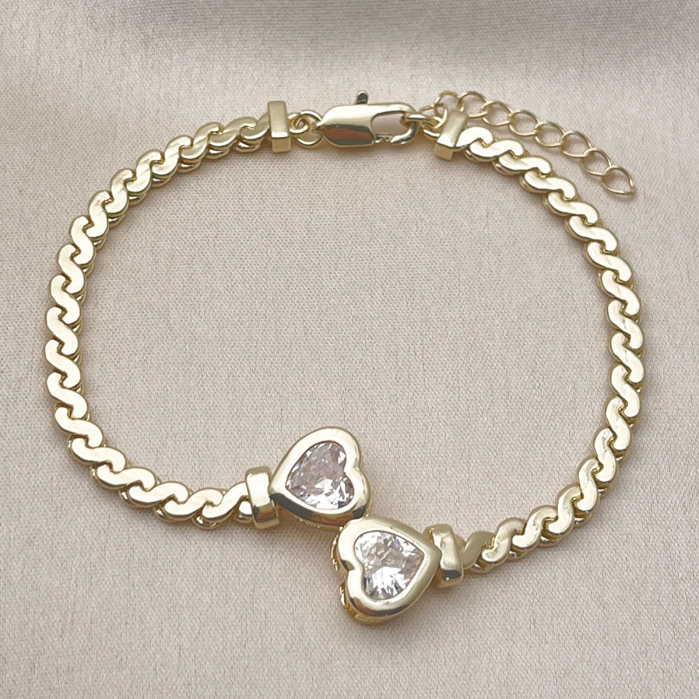 Oro Laminado Fancy Bracelet, Gold Filled Style Heart and Twist Design, with White Cubic Zirconia, Polished, Golden Finish