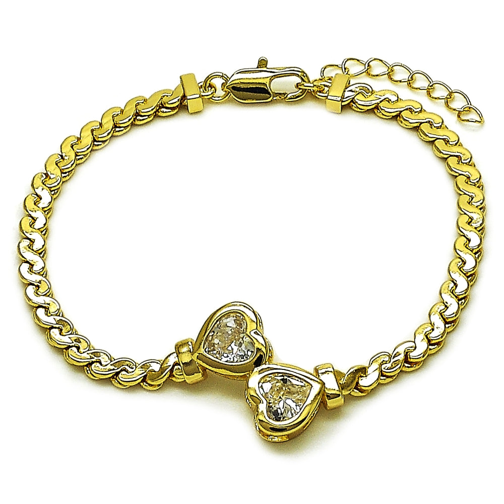 Oro Laminado Fancy Bracelet, Gold Filled Style Heart and Twist Design, with White Cubic Zirconia, Polished, Golden Finish
