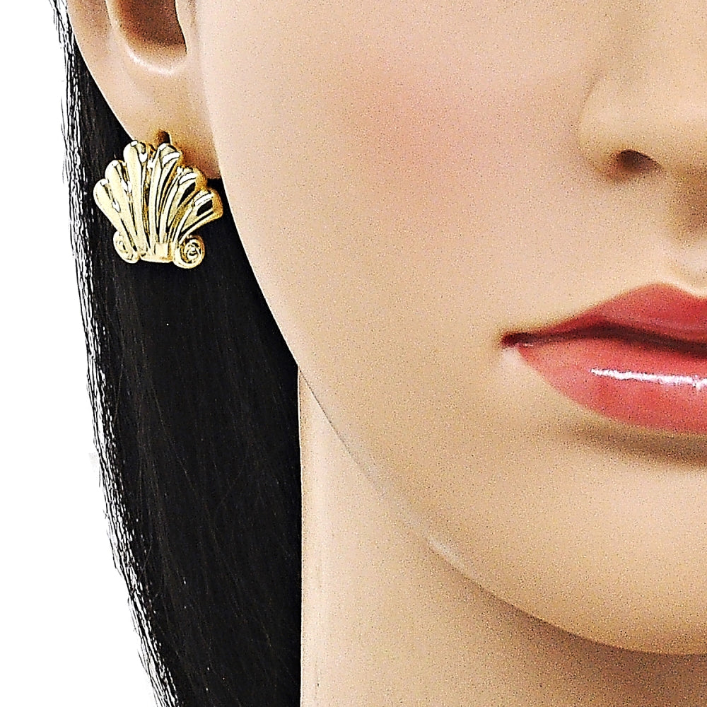 Oro Laminado Stud Earring, Gold Filled Style Shell Design, Polished, Golden Finish
