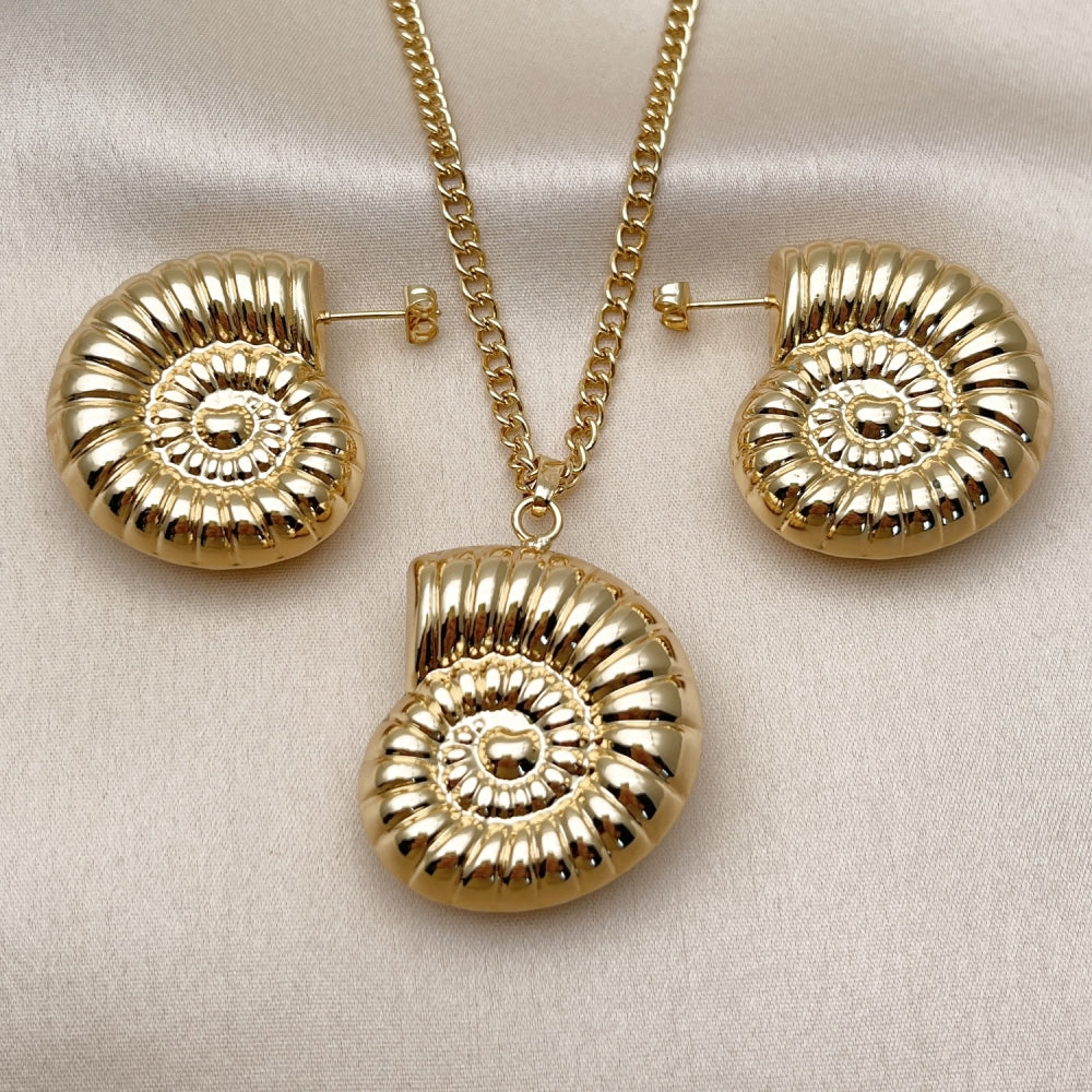 Oro Laminado Earring and Pendant Adult Set, Gold Filled Style Snail and Hollow Design, Polished, Golden Finish