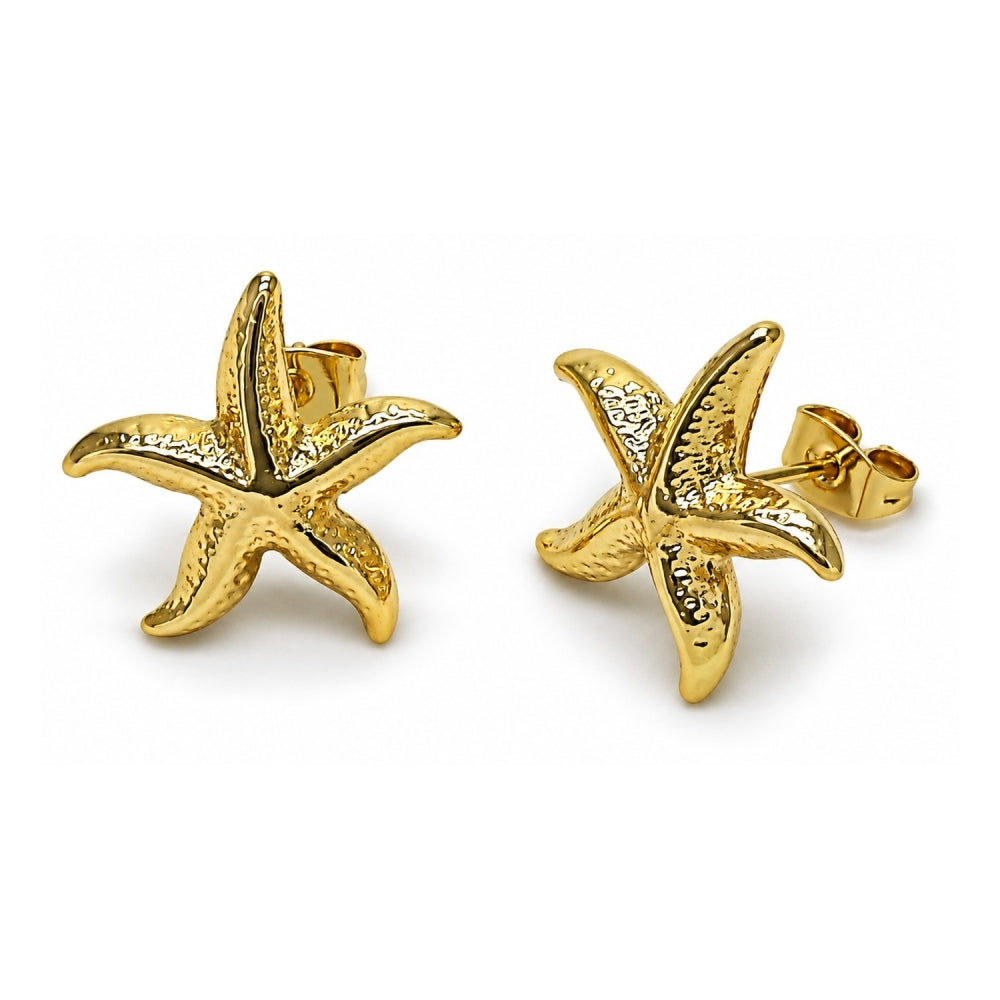 Oro Laminado Stud Earring, Gold Filled Style Star and Hollow Design, Diamond Cutting Finish, Golden Finish
