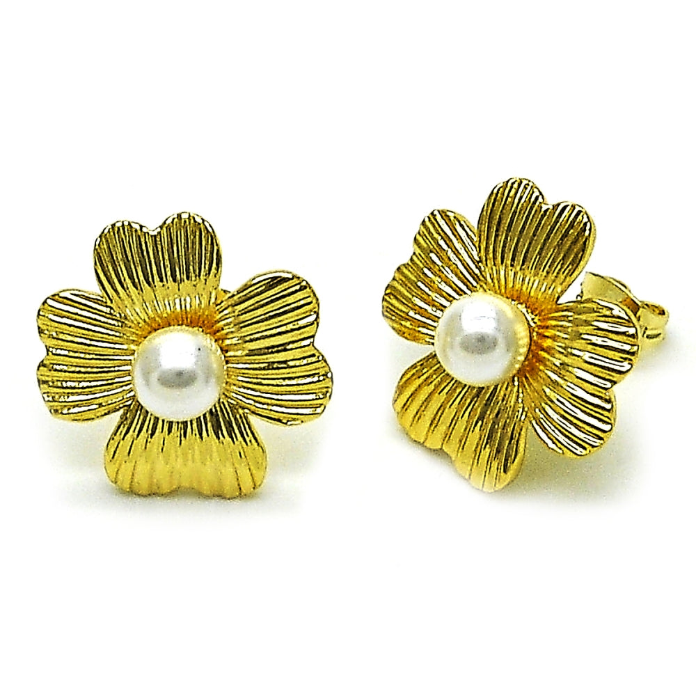 Oro Laminado Stud Earring, Gold Filled Style Flower Design, with Ivory Pearl, Diamond Cutting Finish, Golden Finish