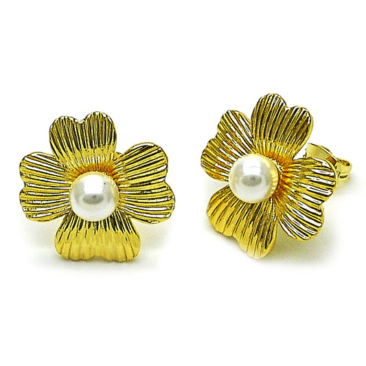 Oro Laminado Stud Earring, Gold Filled Style Flower Design, with Ivory Pearl, Diamond Cutting Finish, Golden Finish
