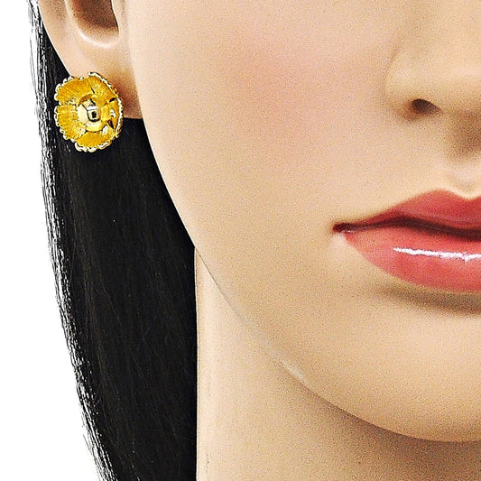 Oro Laminado Stud Earring, Gold Filled Style Flower Design, Diamond Cutting Finish, Golden Finish