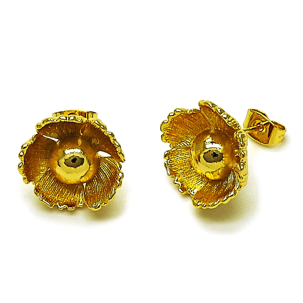 Oro Laminado Stud Earring, Gold Filled Style Flower Design, Diamond Cutting Finish, Golden Finish