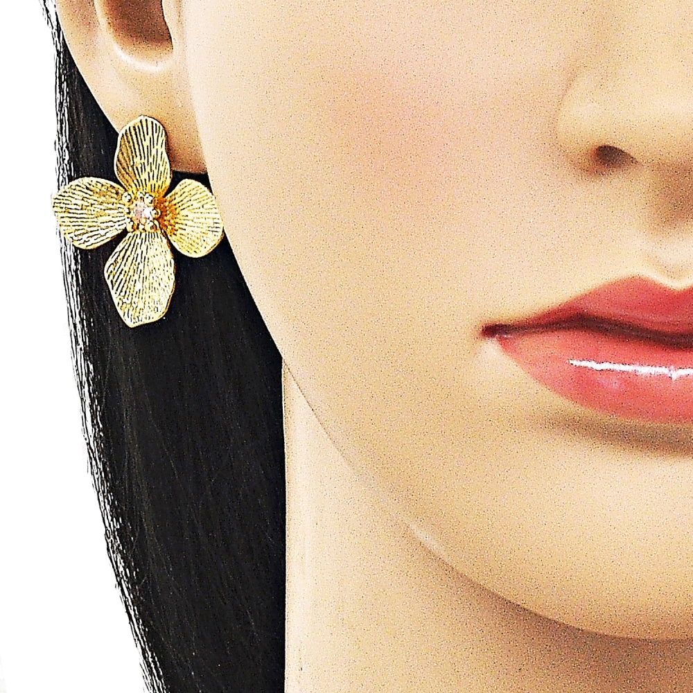 Oro Laminado Stud Earring, Gold Filled Style Flower Design, with White Cubic Zirconia, Diamond Cutting Finish, Golden Finish