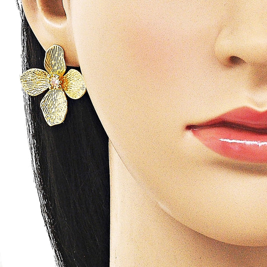 Oro Laminado Stud Earring, Gold Filled Style Flower Design, with White Cubic Zirconia, Diamond Cutting Finish, Golden Finish
