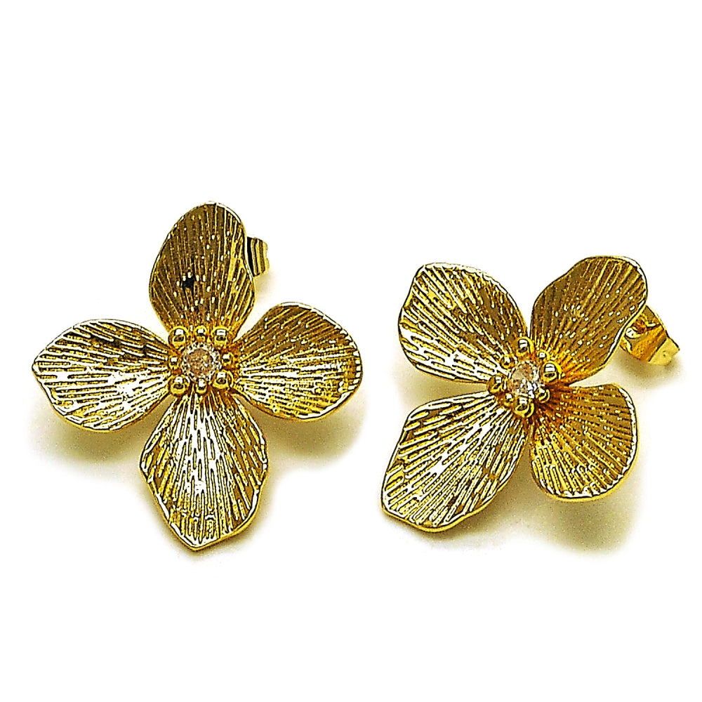 Oro Laminado Stud Earring, Gold Filled Style Flower Design, with White Cubic Zirconia, Diamond Cutting Finish, Golden Finish
