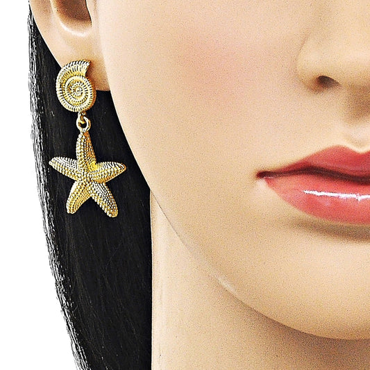 Oro Laminado Dangle Earring, Gold Filled Style Star and Snail Design, Matte Finish, Golden Finish