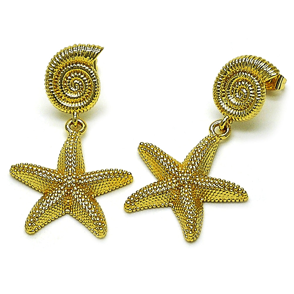 Oro Laminado Dangle Earring, Gold Filled Style Star and Snail Design, Matte Finish, Golden Finish