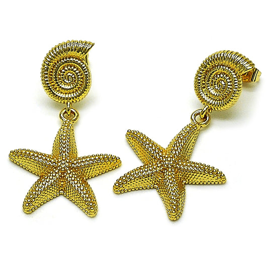 Oro Laminado Dangle Earring, Gold Filled Style Star and Snail Design, Matte Finish, Golden Finish