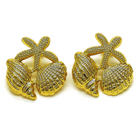Oro Laminado Stud Earring, Gold Filled Style Star and Shell Design, Polished, Golden Finish