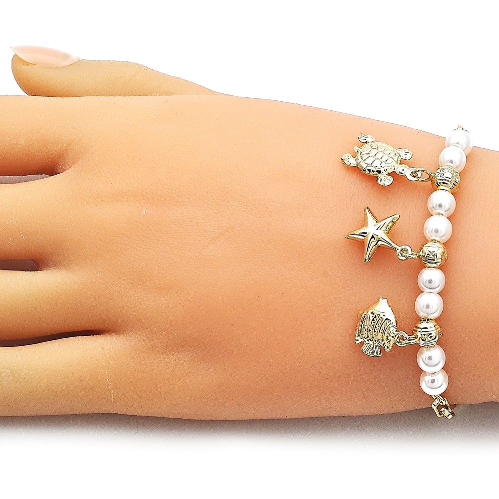 Oro Laminado Charm Bracelet, Gold Filled Style Fish and Turtle Design, with Ivory Pearl, Polished, Golden Finish